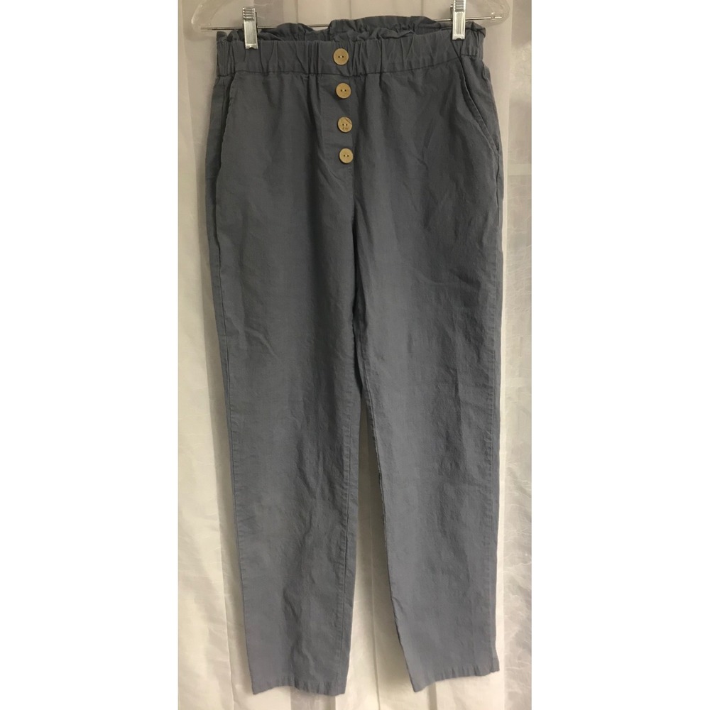 Nimin Slate Blue Linen Blend Paperbag Waist Tapered Pants with‎ Wood Buttons M